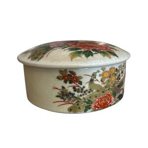 Vintage Andrea by Sadek Painted Peacock with Flowers Round Trinket Container